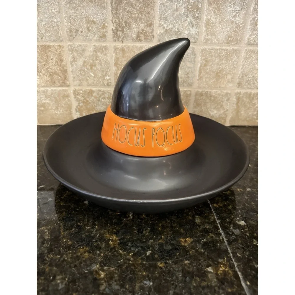 Rae Dunn HOCUS POCUS Halloween Black Orange Chip Dip Tray Removable Hat 10